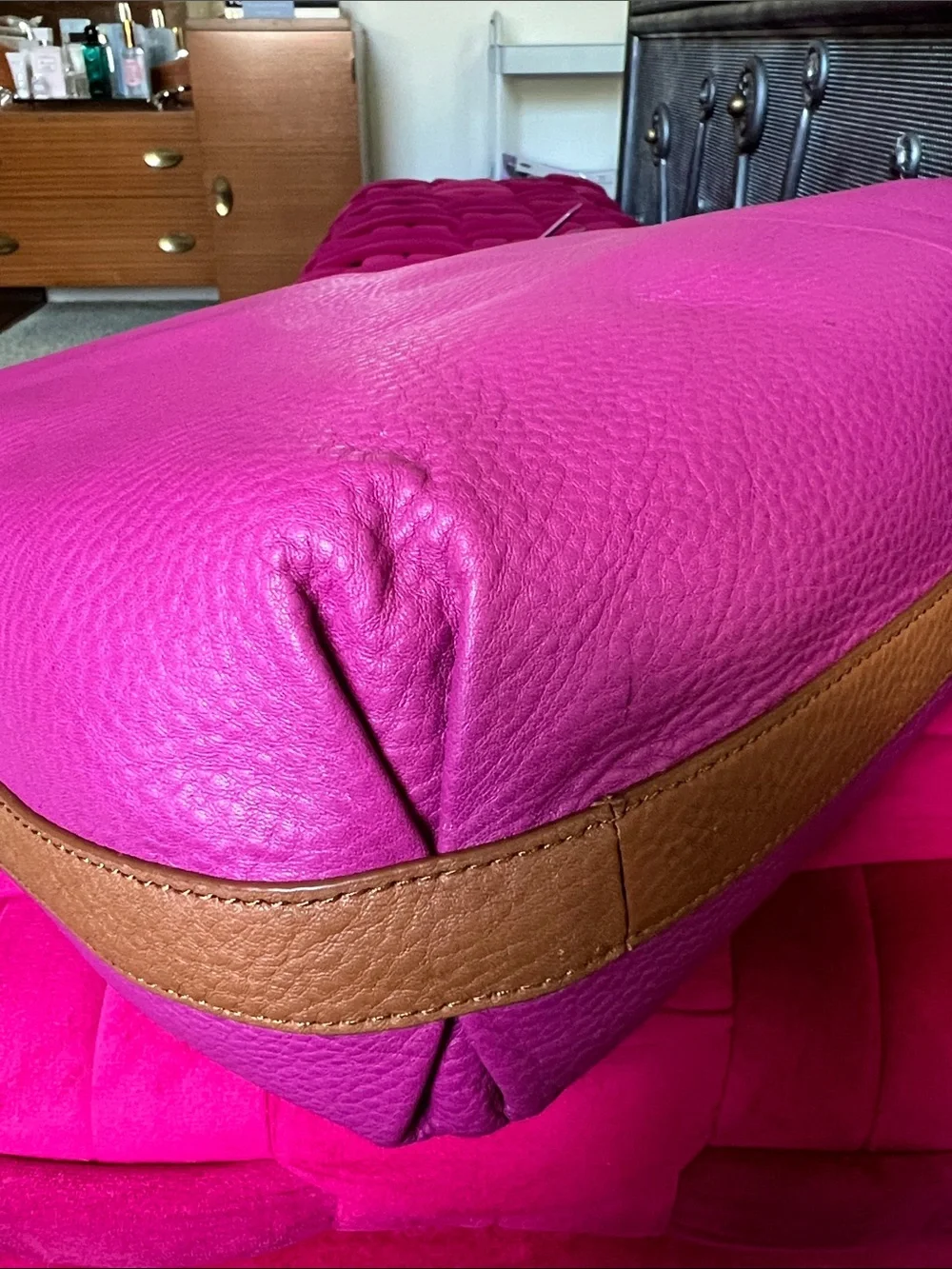 Isaac Mizrahi Fuchsia Leather Hobo with Brown Handle and Gold Hardware